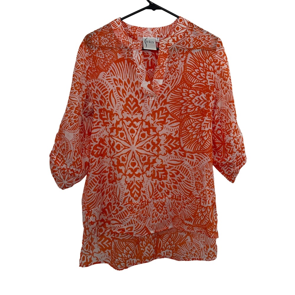 Finley Top Womens XS Orange Geometric Print Roll Tab Sleeve High Low Hem Blouse